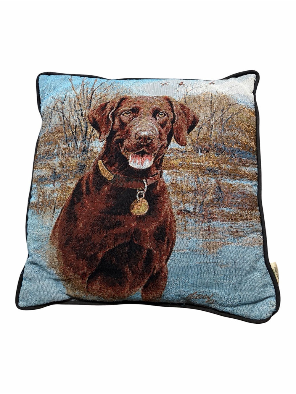 Killen Chocolate Brown Labrador Accent Pillow with Blue Background